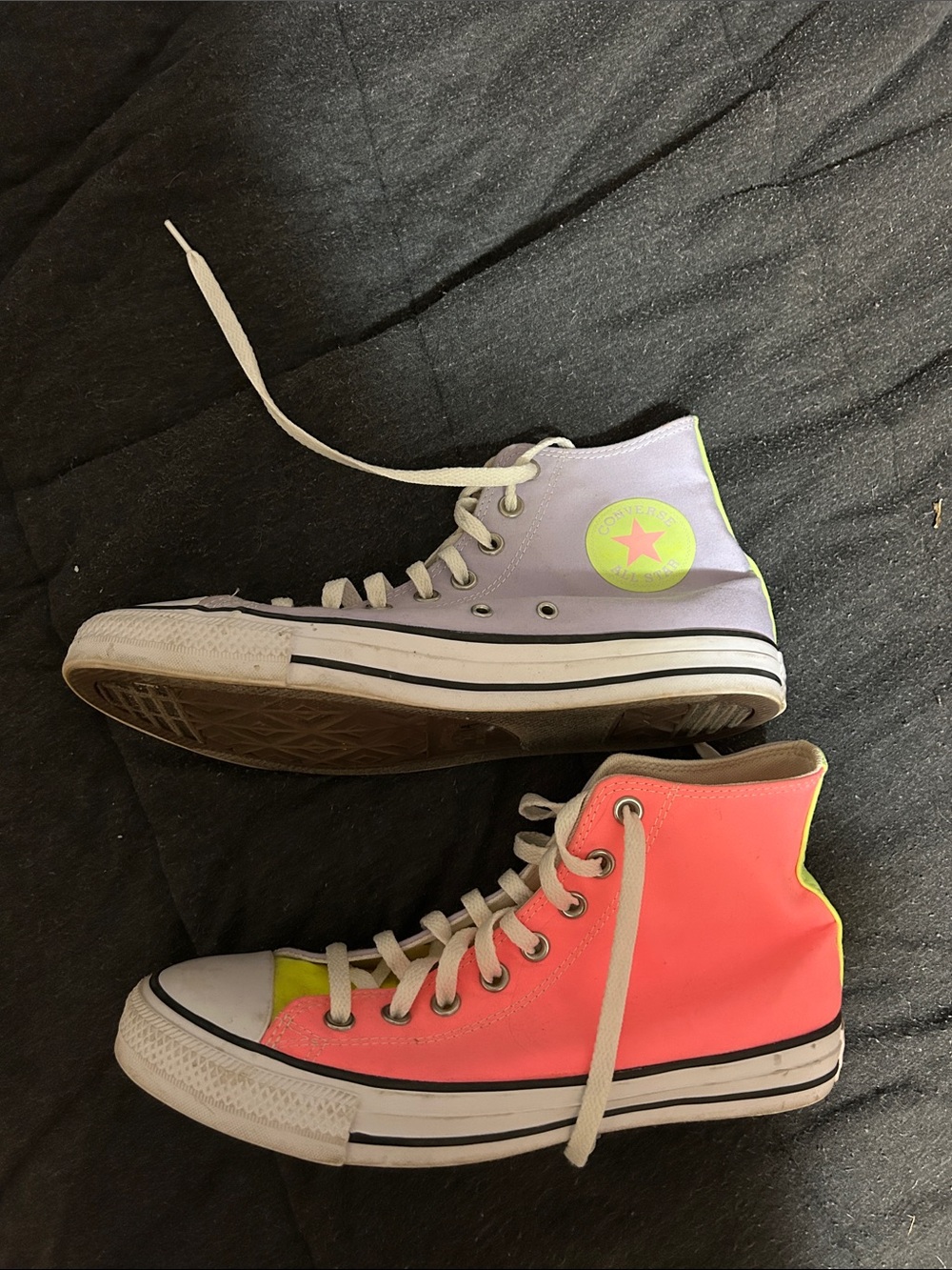 Converse Neon Yellow, Pink, and Lavender High Top Sneakers
